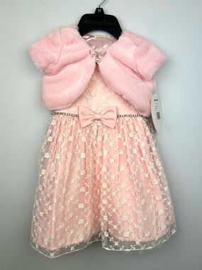 American princes flower embroidered dress & faux fur bolero jacket 3T satin Bow